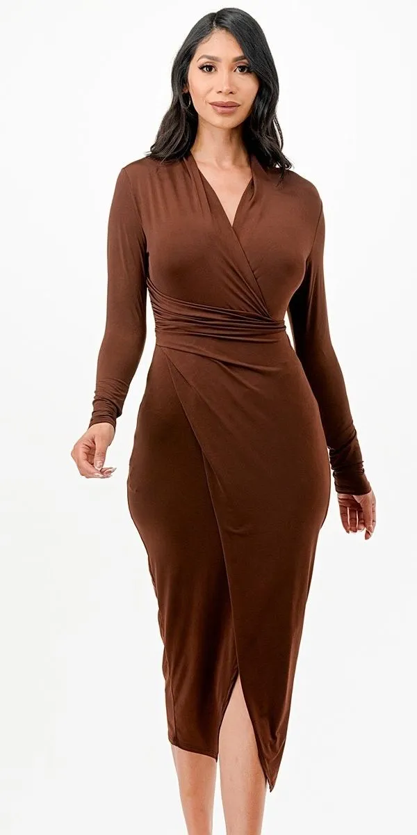 La Scala 26008 Long Sleeve V-Neckline Fitted Midi Dress