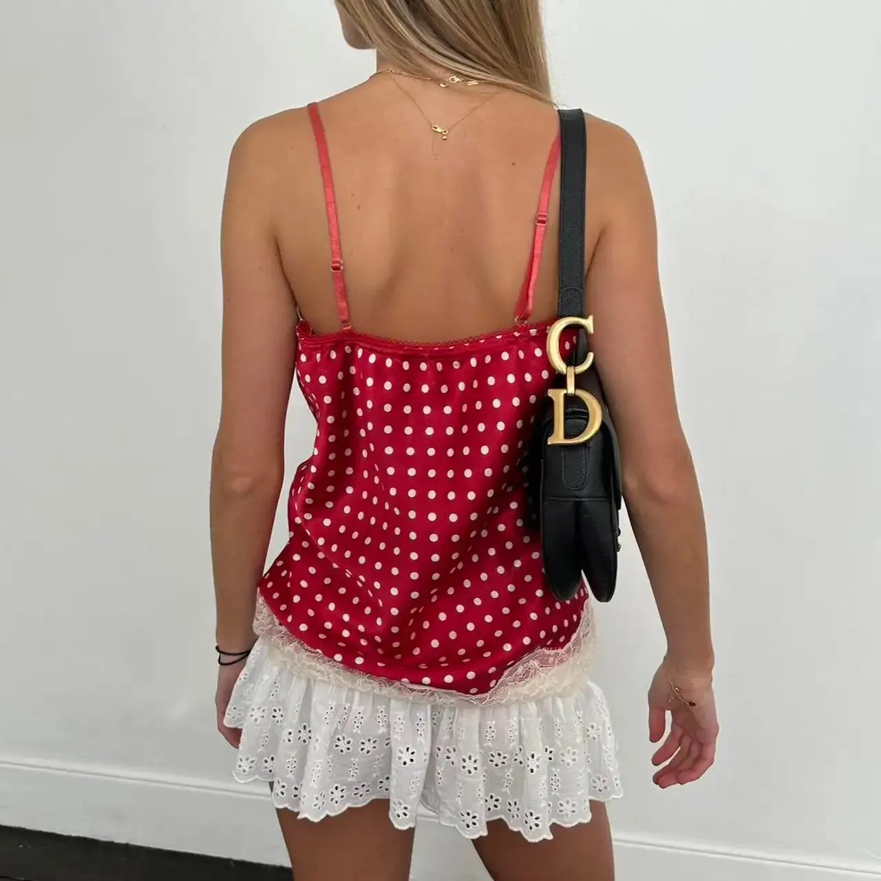 Lace Patchwork Dot Print Sleeveless Cami Tops