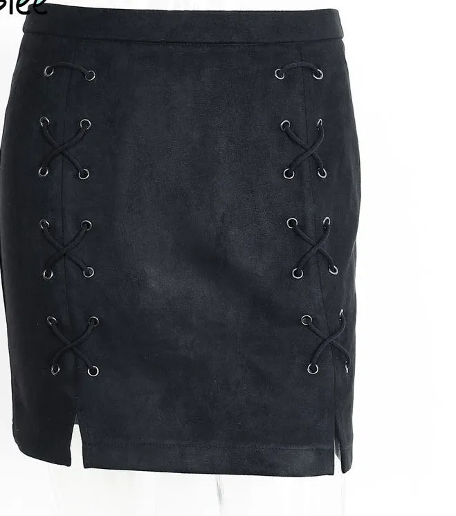 lace up leather suede pencil skirt Winter cross high waist skirt Zipper split bodycon short skirts womens