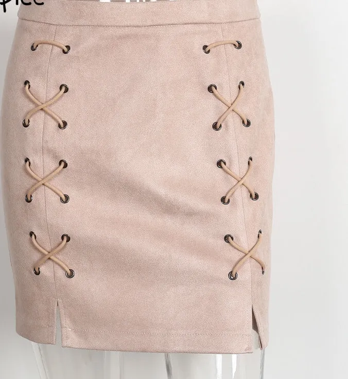 lace up leather suede pencil skirt Winter cross high waist skirt Zipper split bodycon short skirts womens