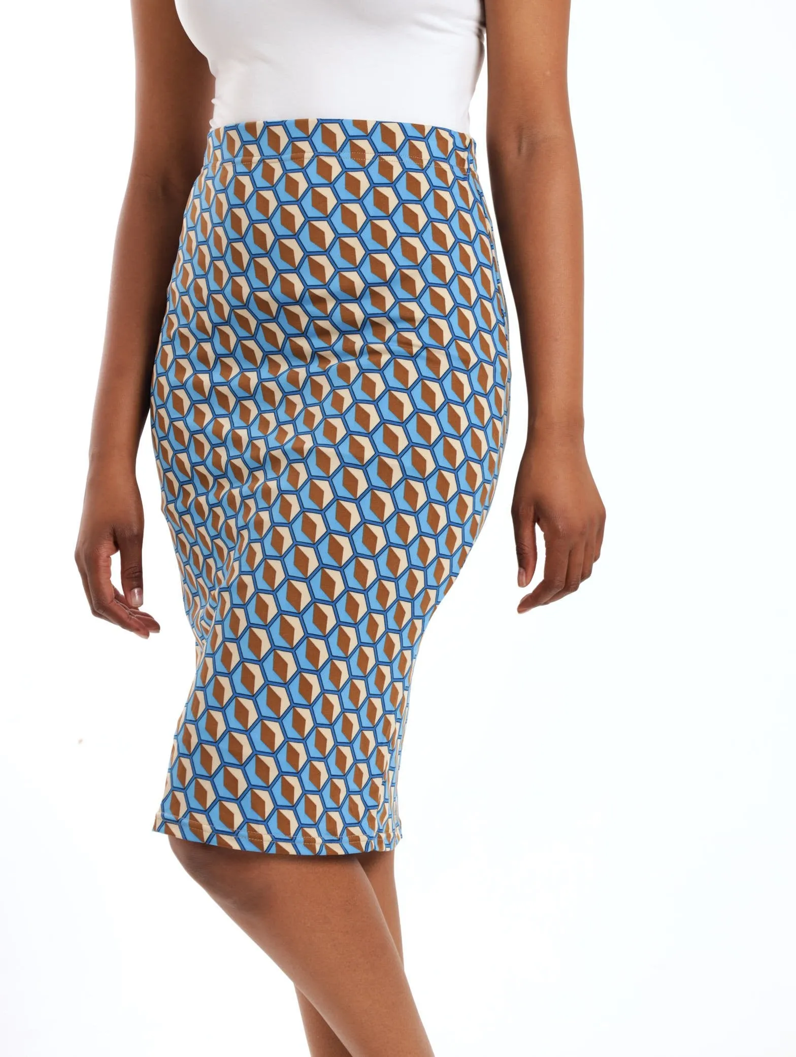 Ladies Lined Knit Pencil Skirt - Blue