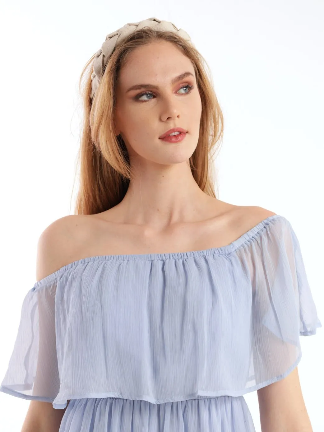 Ladies Tiered Off The Shoulder Chiffon Dress - Mid Blue