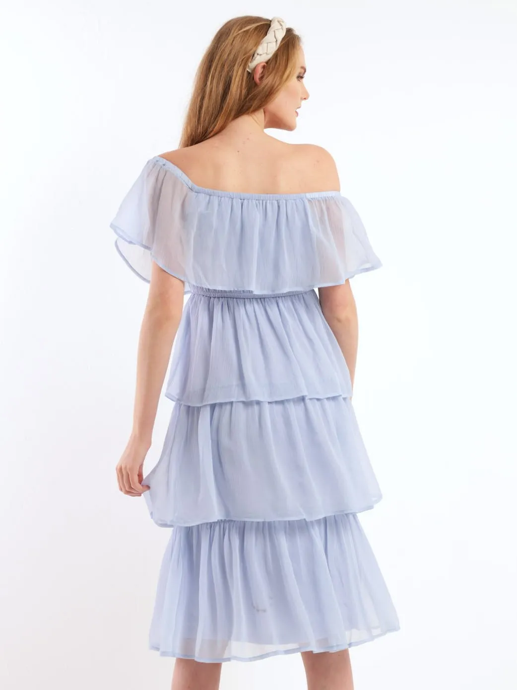 Ladies Tiered Off The Shoulder Chiffon Dress - Mid Blue