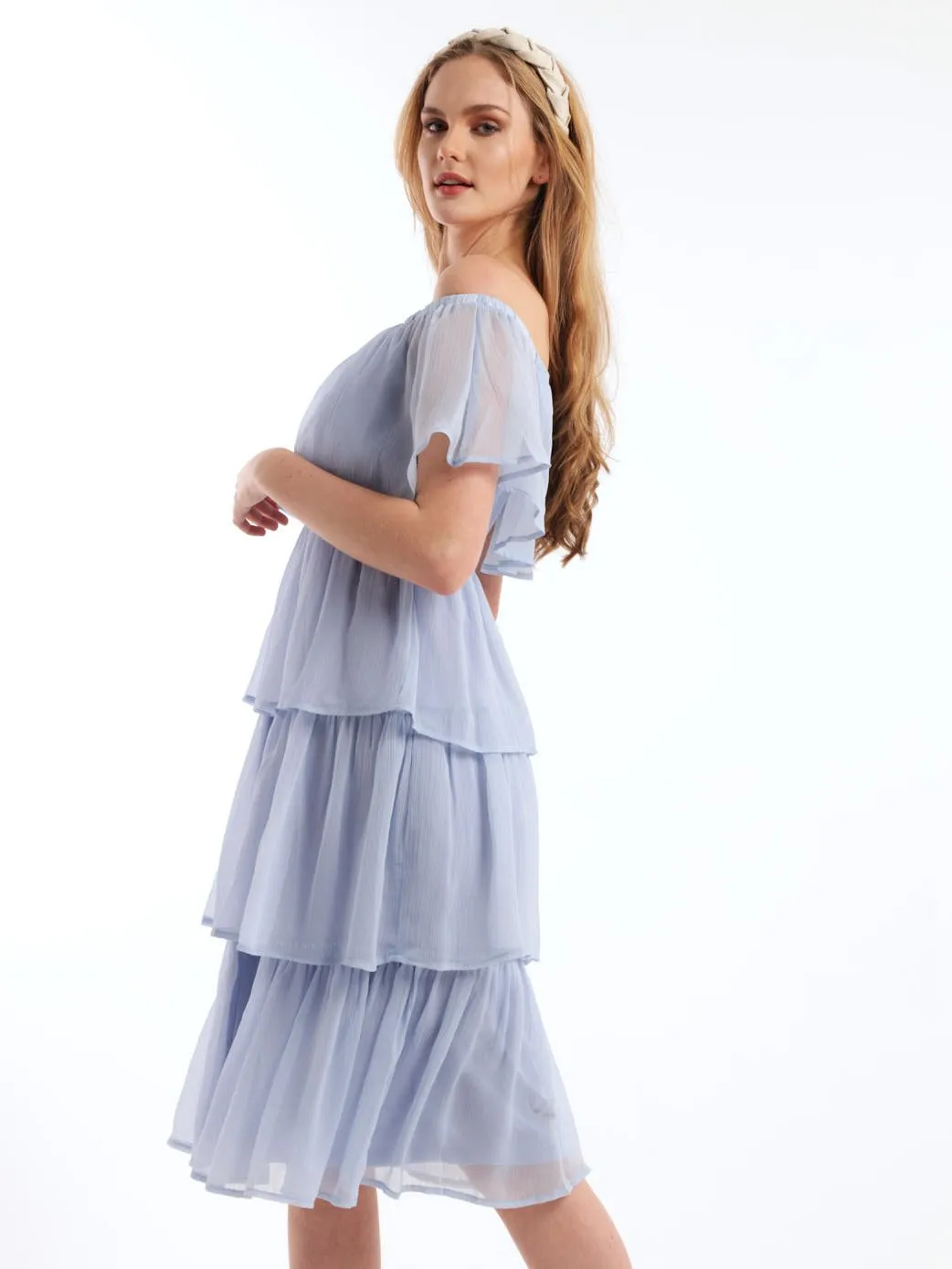 Ladies Tiered Off The Shoulder Chiffon Dress - Mid Blue