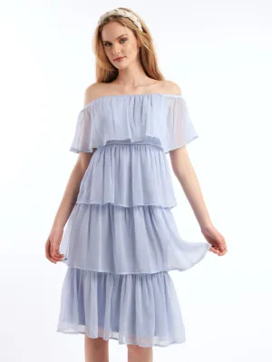 Ladies Tiered Off The Shoulder Chiffon Dress - Mid Blue