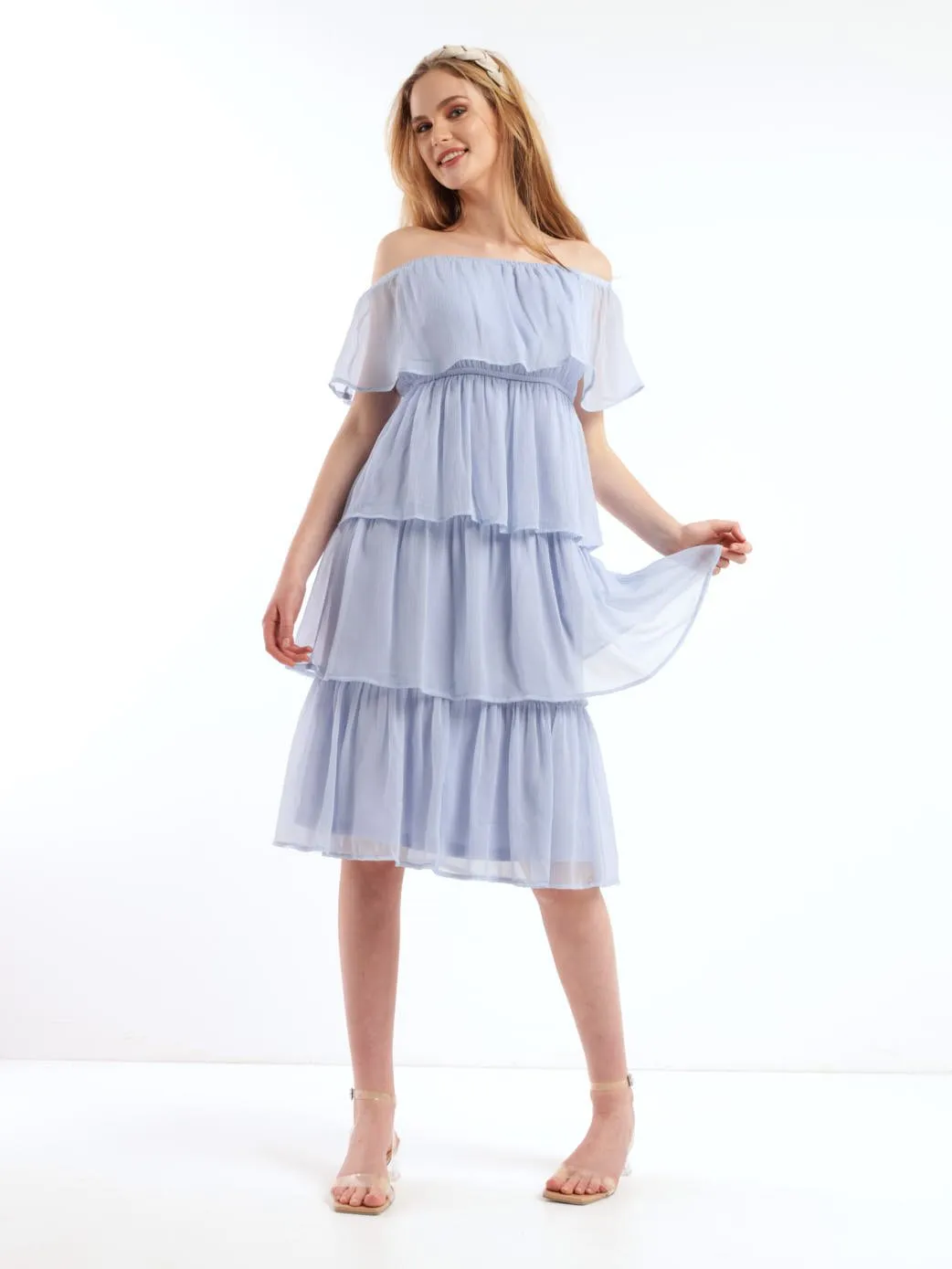 Ladies Tiered Off The Shoulder Chiffon Dress - Mid Blue