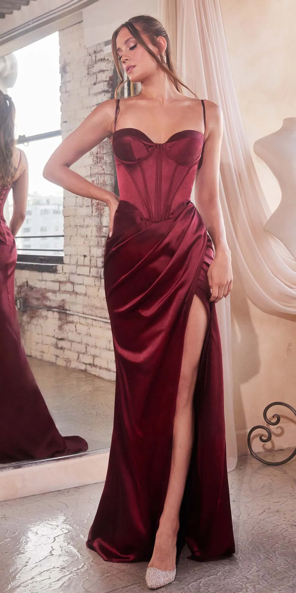 Ladivine 7498 Floor Length Fitted Satin Sweetheart Draped Gown
