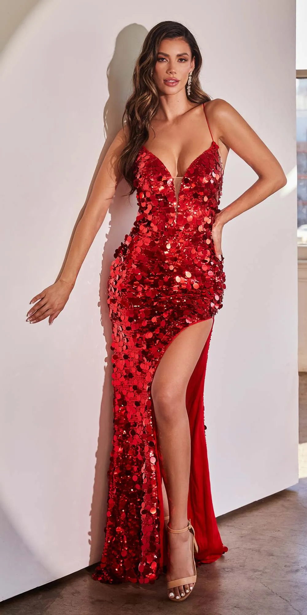 Ladivine B1141 Floor Length Sexy V-Neck Paillette Fitted Gown Side Slit