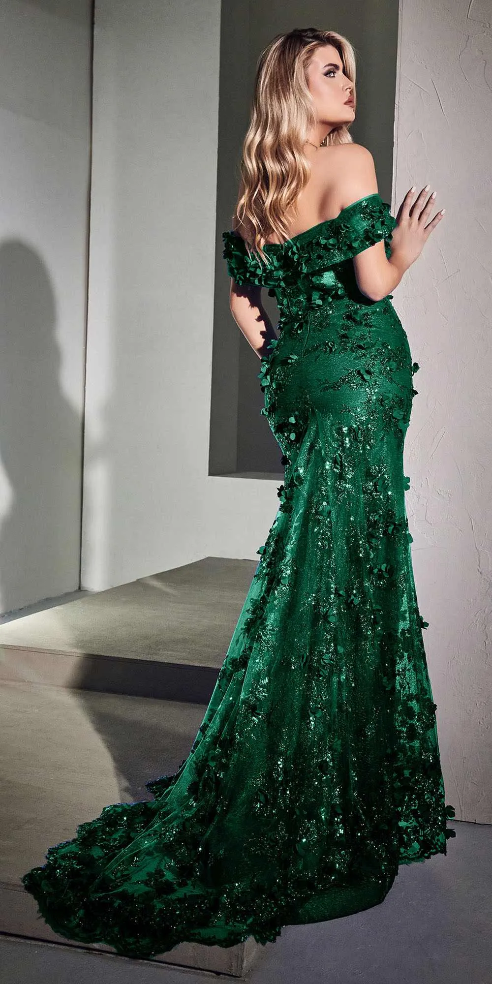 Ladivine CC2164 Long Off The Shoulder 3D Applique Floral Gown