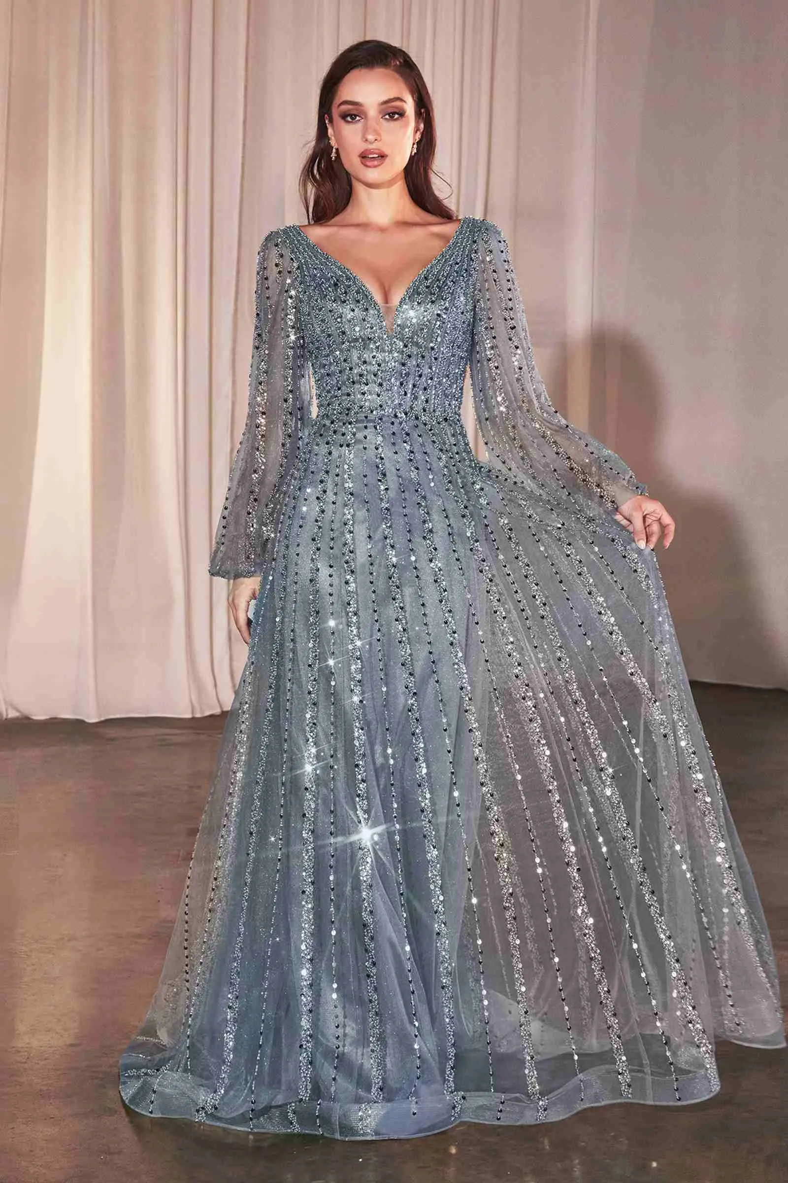Ladivine CD0240 Dress Long Sleeve A-Line Beaded Gown
