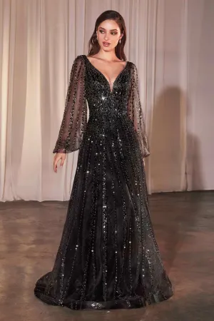 Ladivine CD0240 Dress Long Sleeve A-Line Beaded Gown