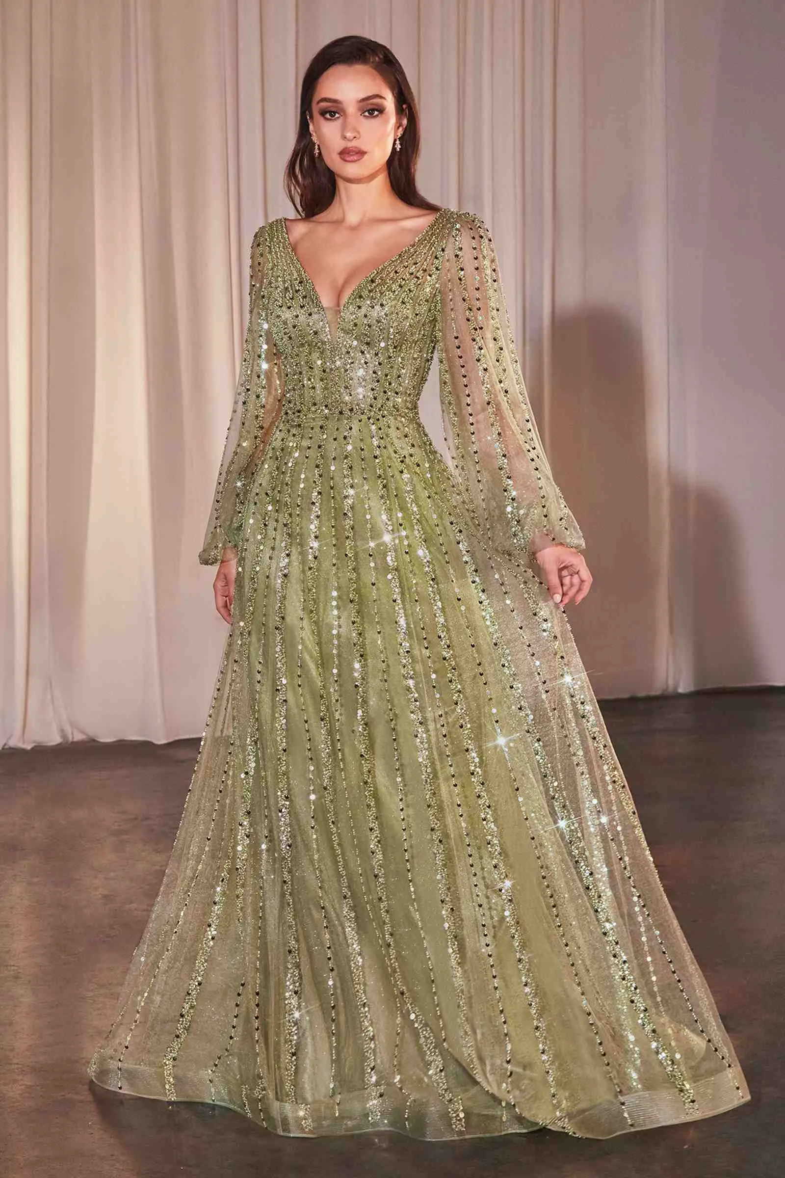 Ladivine CD0240 Dress Long Sleeve A-Line Beaded Gown