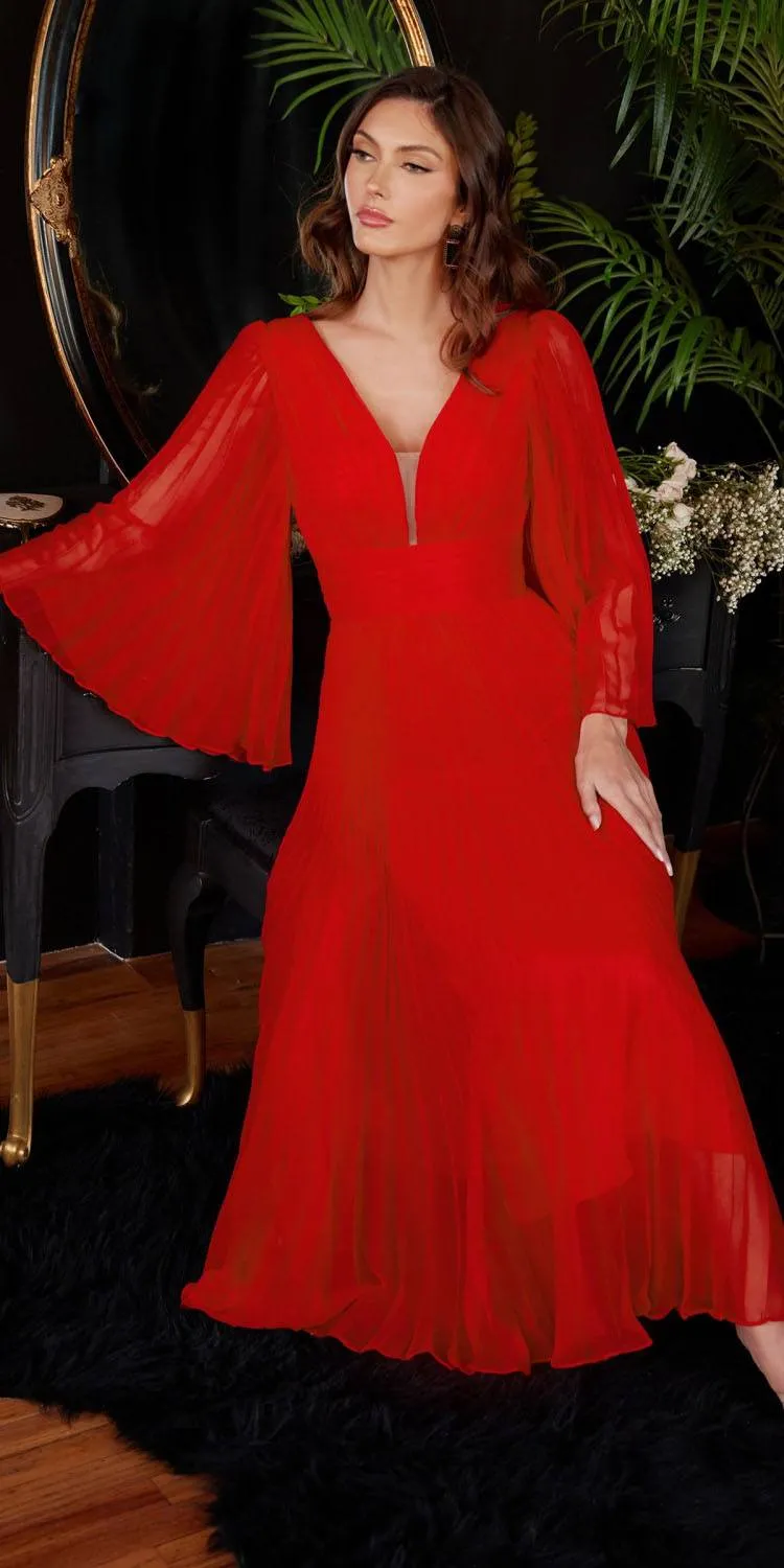 Ladivine CD242s Pleated Chiffon Long Sleeve Tea Length Gown