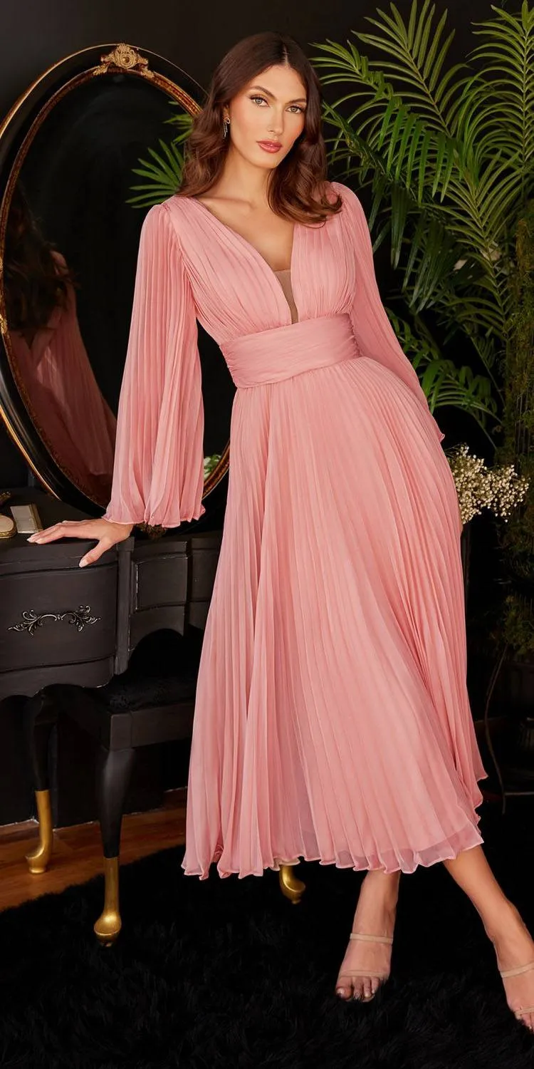 Ladivine CD242s Pleated Chiffon Long Sleeve Tea Length Gown