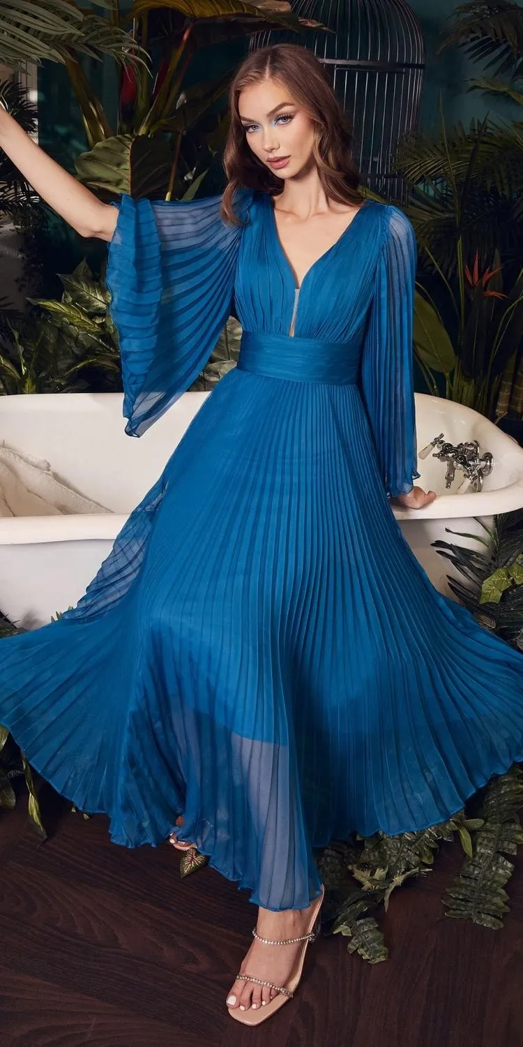 Ladivine CD242s Pleated Chiffon Long Sleeve Tea Length Gown