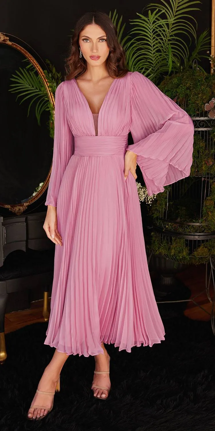 Ladivine CD242s Pleated Chiffon Long Sleeve Tea Length Gown