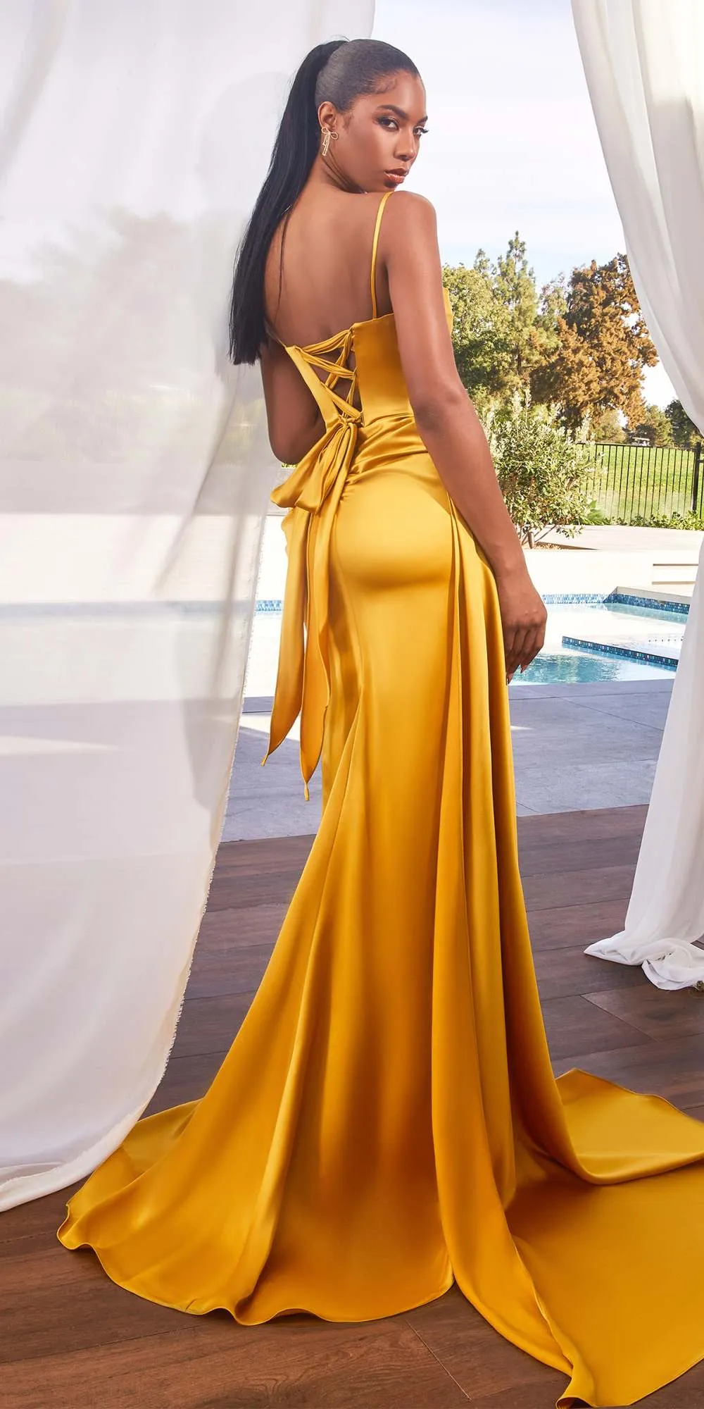 Ladivine CD340 Long Fitted Side Sash Leg Slit Satin Gown