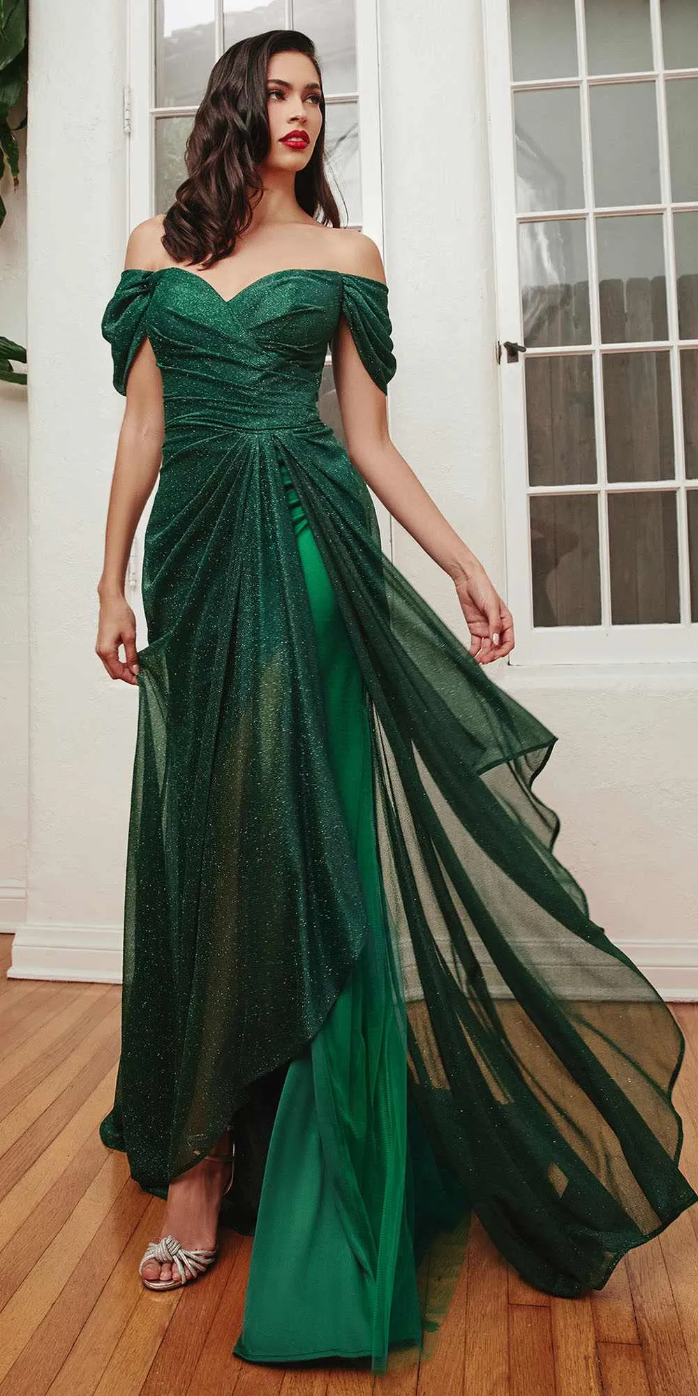 Ladivine CD878 Floor Length Off the Shoulder Glitter Gown