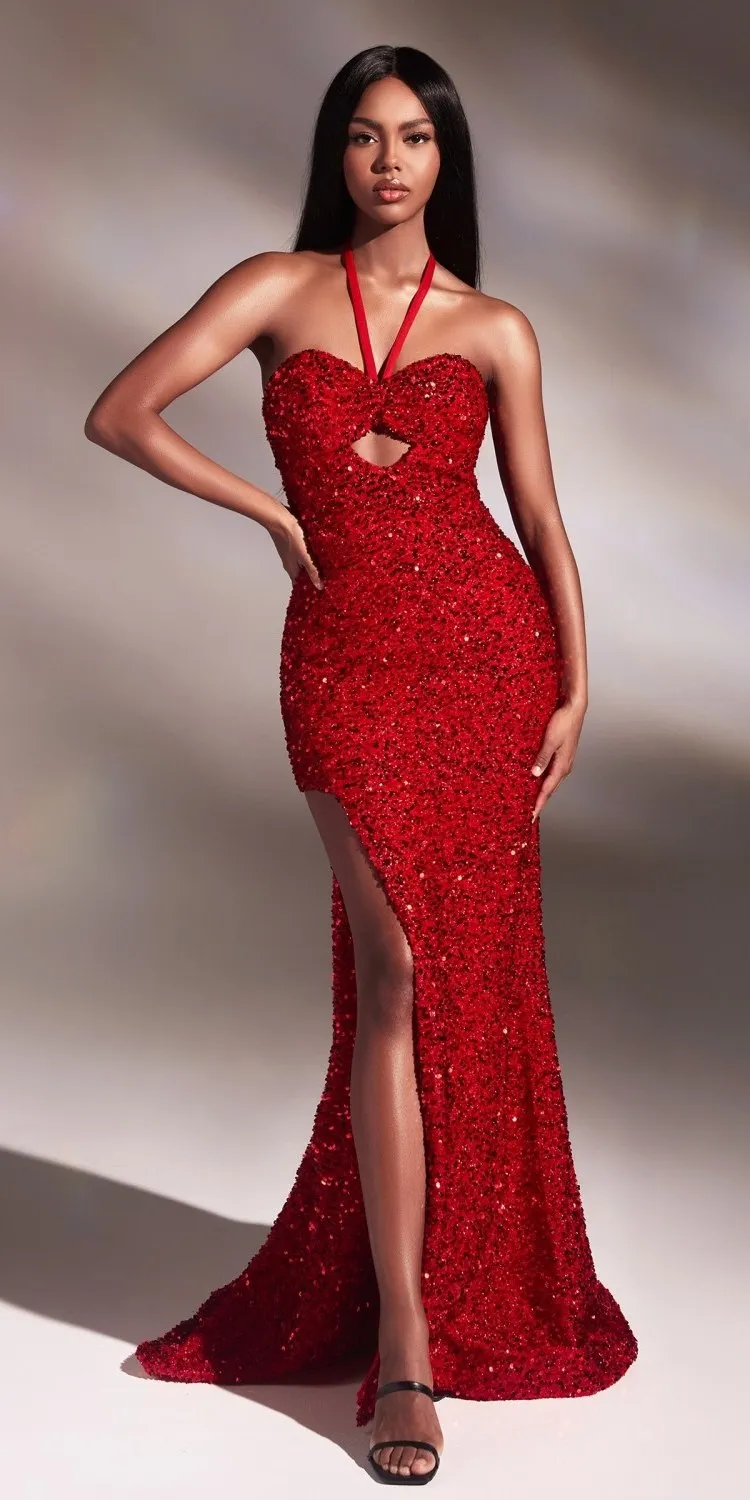 Ladivine CD883 Long Halter Fitted Sequin Gown Halter Top with Slit