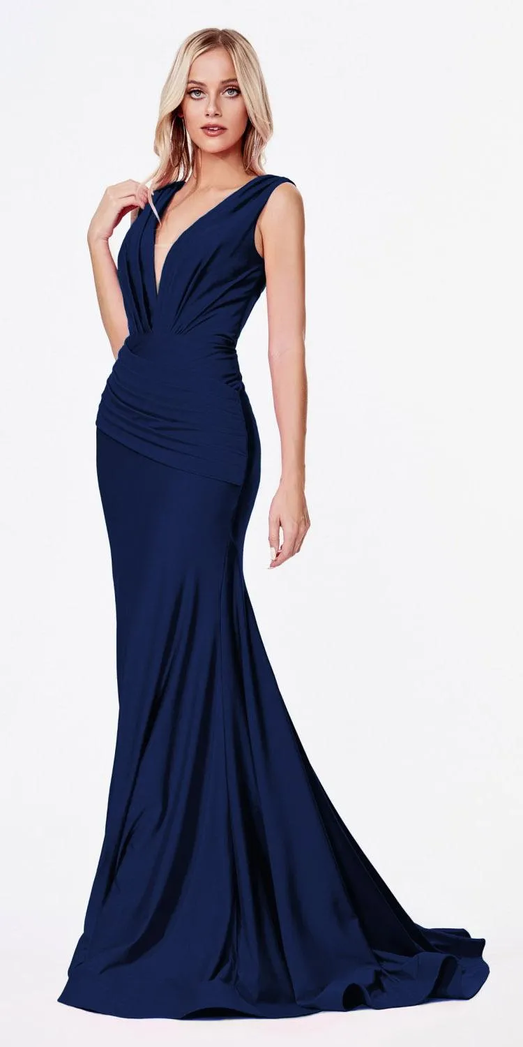 Ladivine CD912 Fitted Jersey Gown Ruched Waistline Pleated Deep V-Neckline
