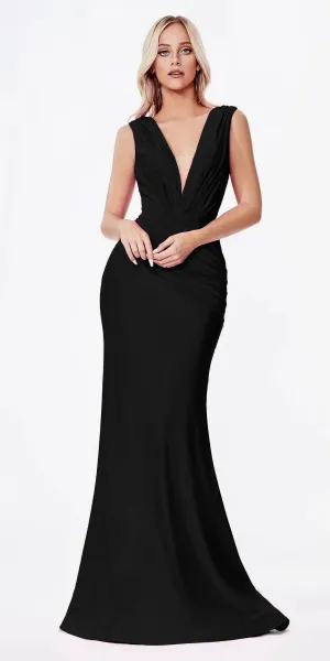 Ladivine CD912 Fitted Jersey Gown Ruched Waistline Pleated Deep V-Neckline