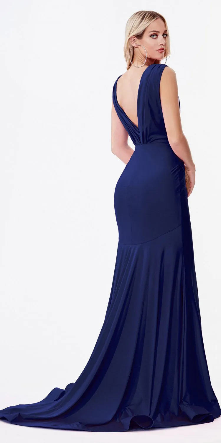 Ladivine CD912 Fitted Jersey Gown Ruched Waistline Pleated Deep V-Neckline