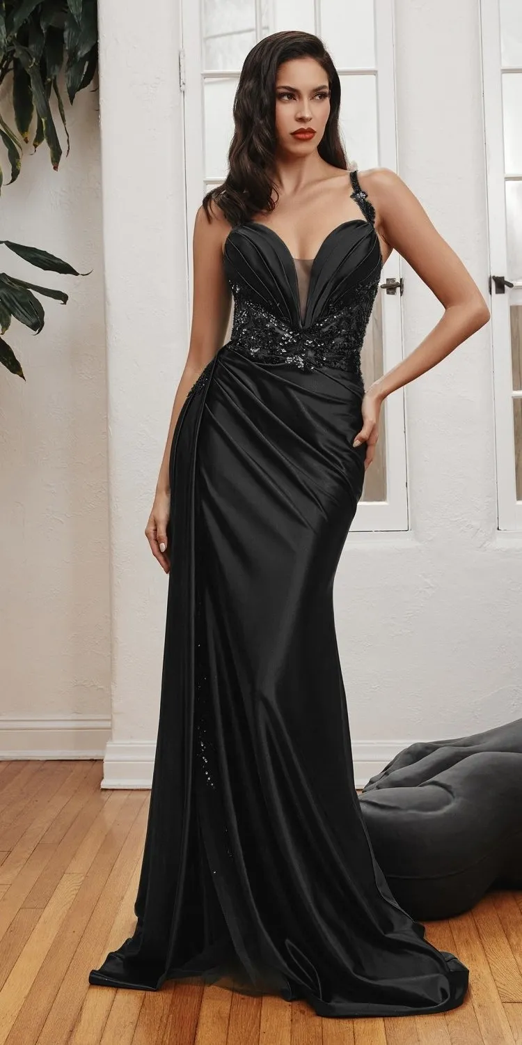 Ladivine CDS417 Floor Length Soft Satin Fitted Gown with Side Sash