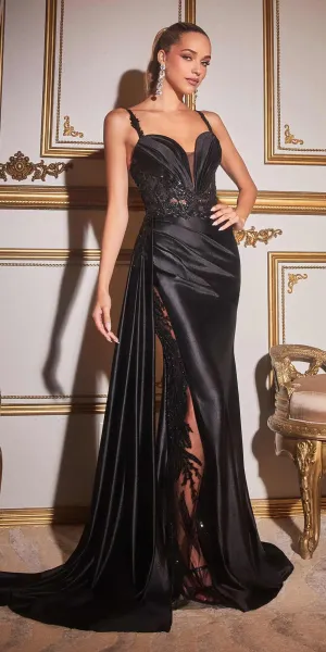 Ladivine CDS417 Floor Length Soft Satin Fitted Gown with Side Sash