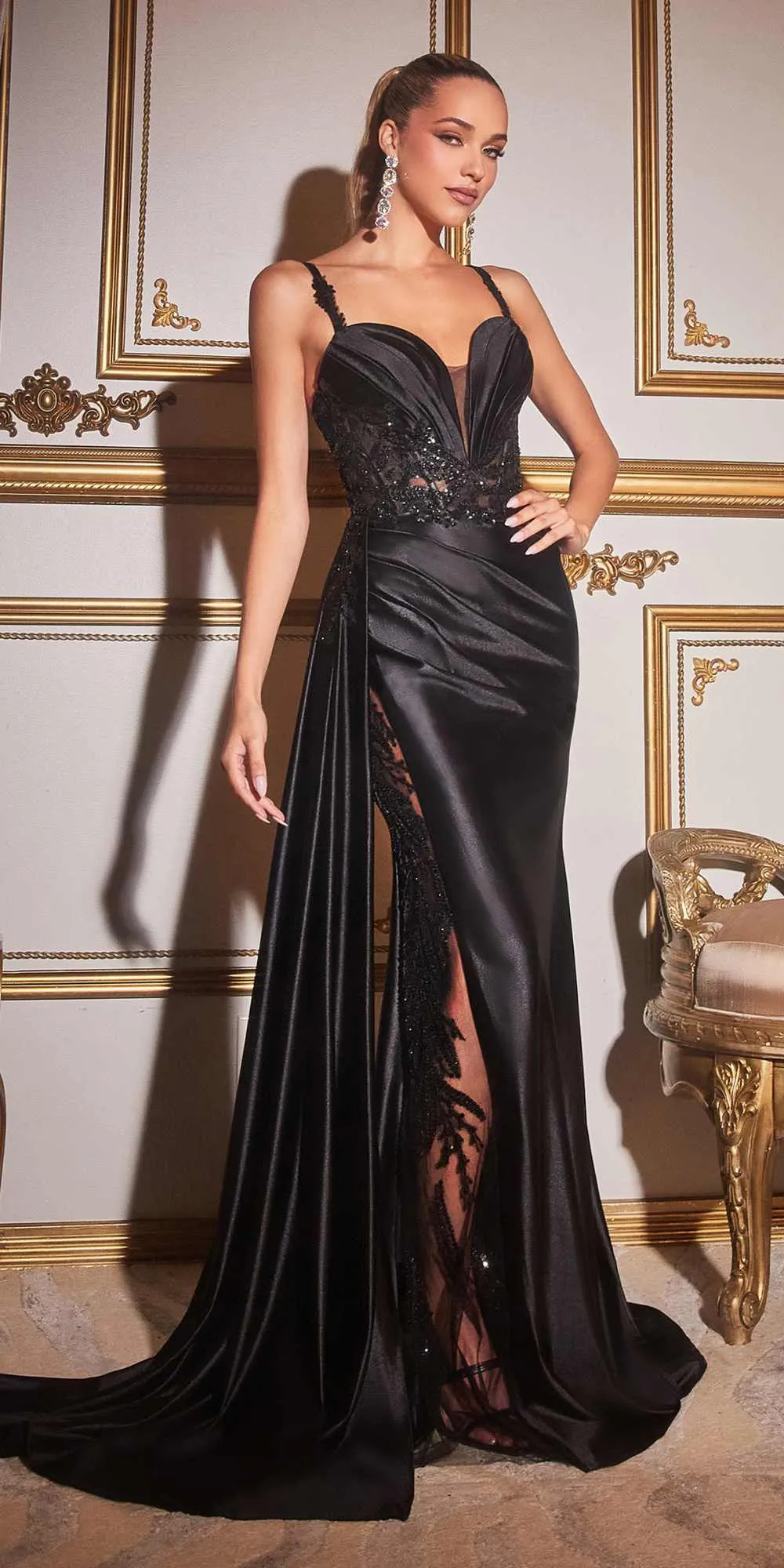 Ladivine CDS417 Floor Length Soft Satin Fitted Gown with Side Sash