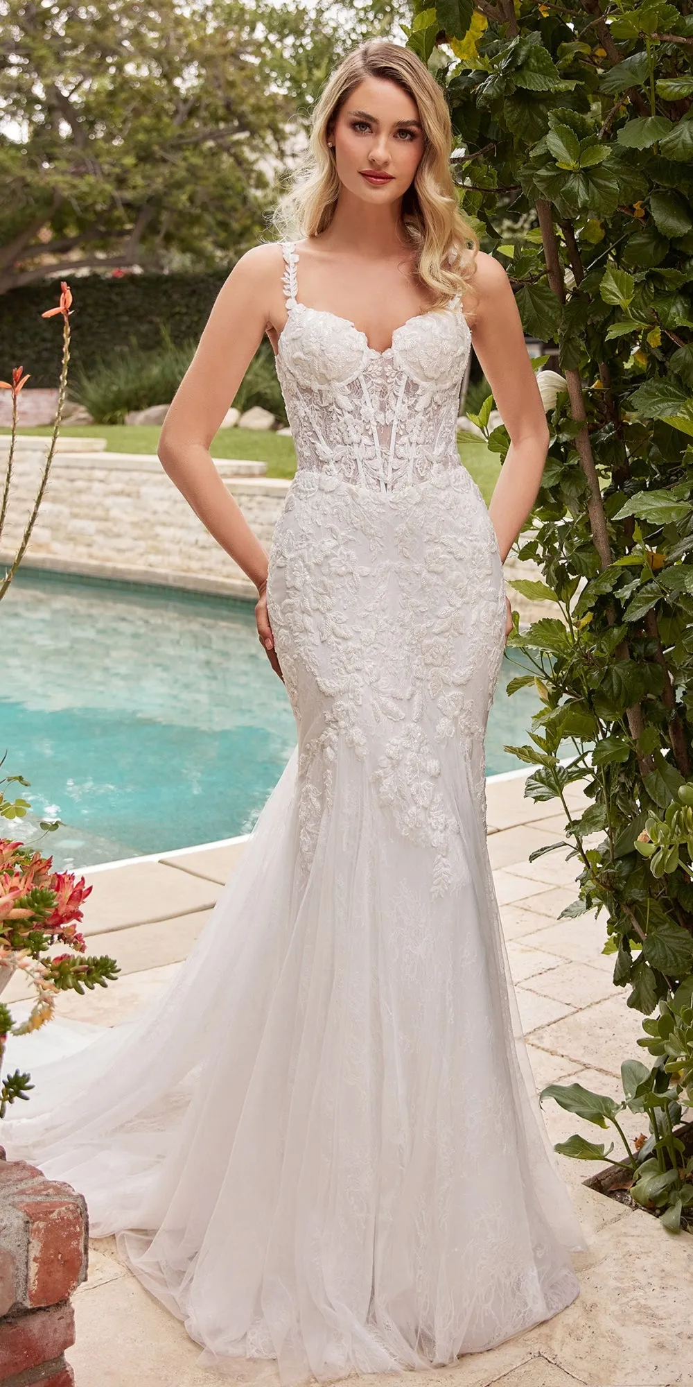 Ladivine CDS432W Mermaid Light Tulle Overlay Over Chantilly Lace Wedding Gown