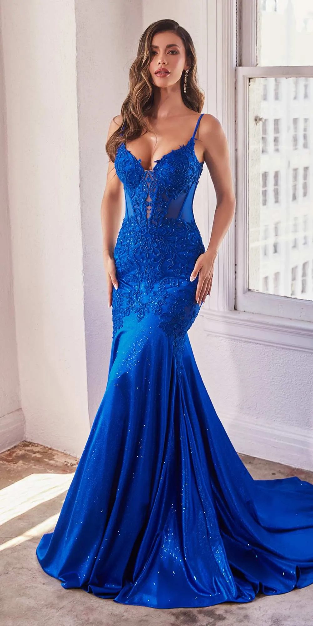 Ladivine CDS470 Long Stretch Satin and Glitter Boned Mermaid Gown