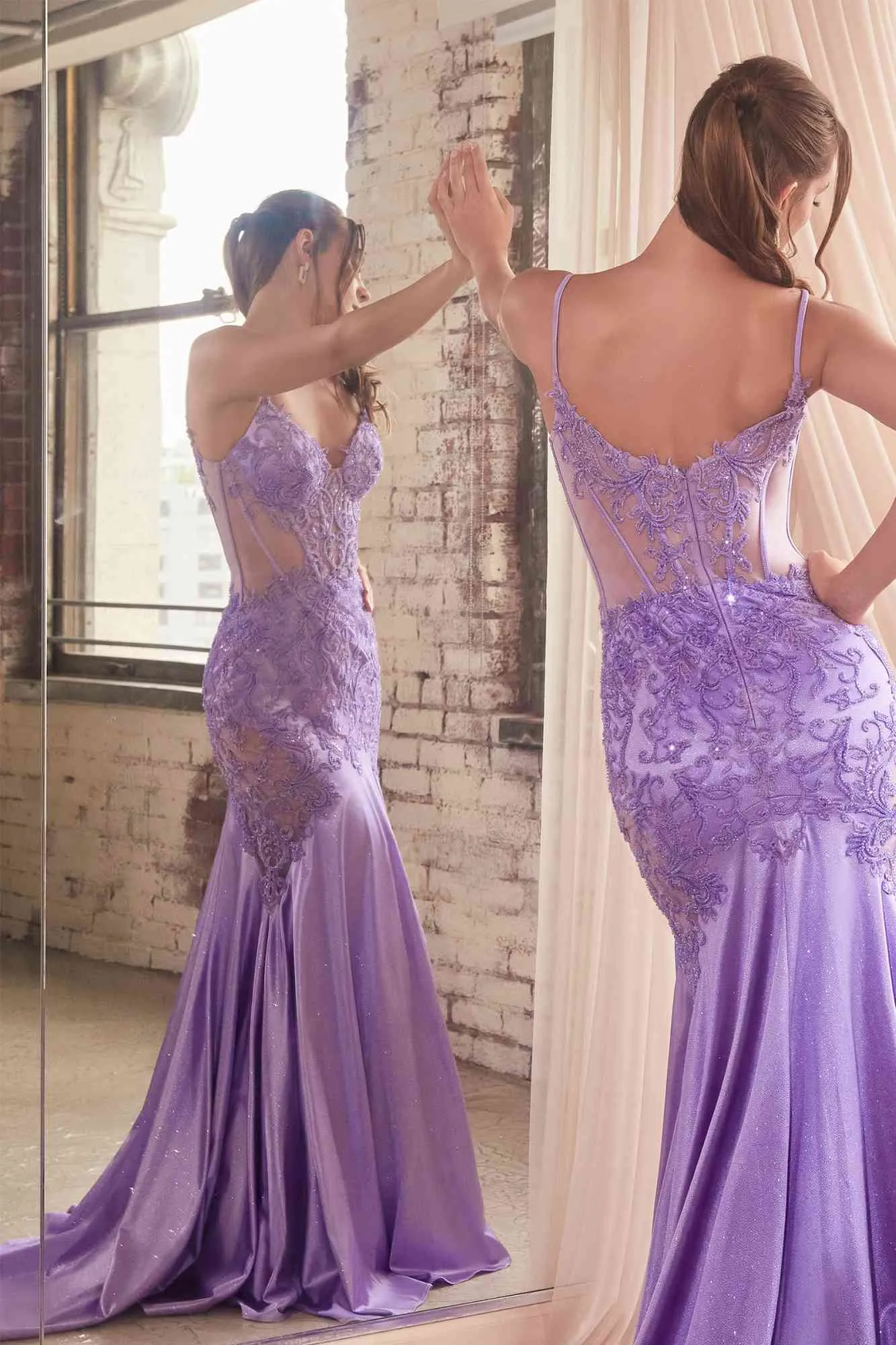 Ladivine CDS470 Long Stretch Satin and Glitter Boned Mermaid Gown
