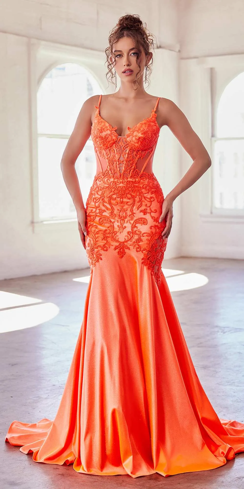Ladivine CDS470 Long Stretch Satin and Glitter Boned Mermaid Gown