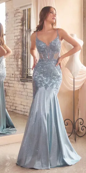 Ladivine CDS470 Long Stretch Satin and Glitter Boned Mermaid Gown