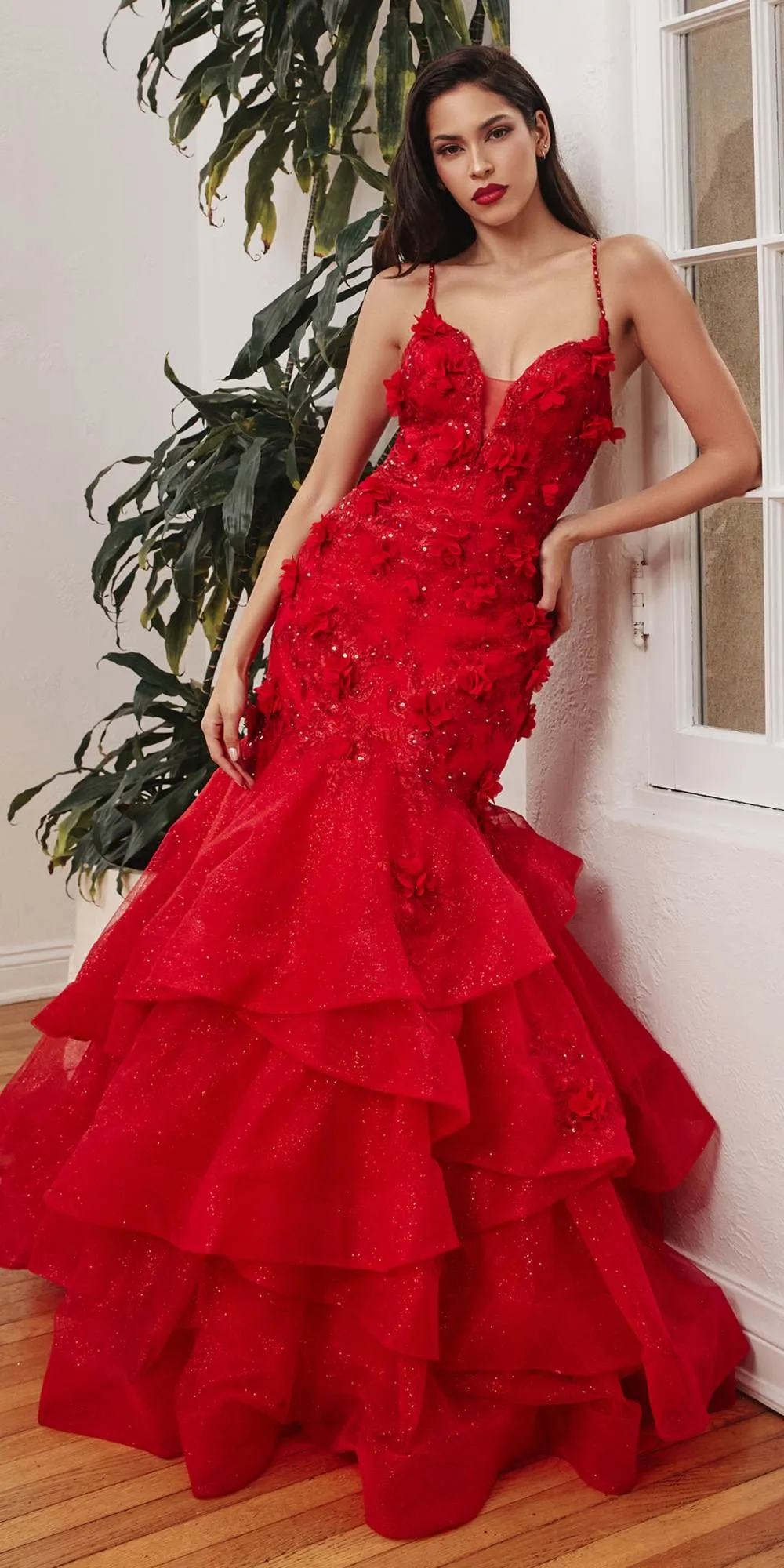 Ladivine CM329 Floor Length Red Mermaid Tiered Floral Gown