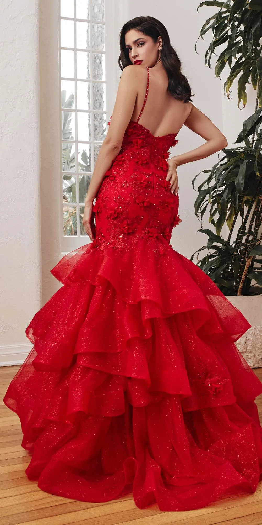 Ladivine CM329 Floor Length Red Mermaid Tiered Floral Gown