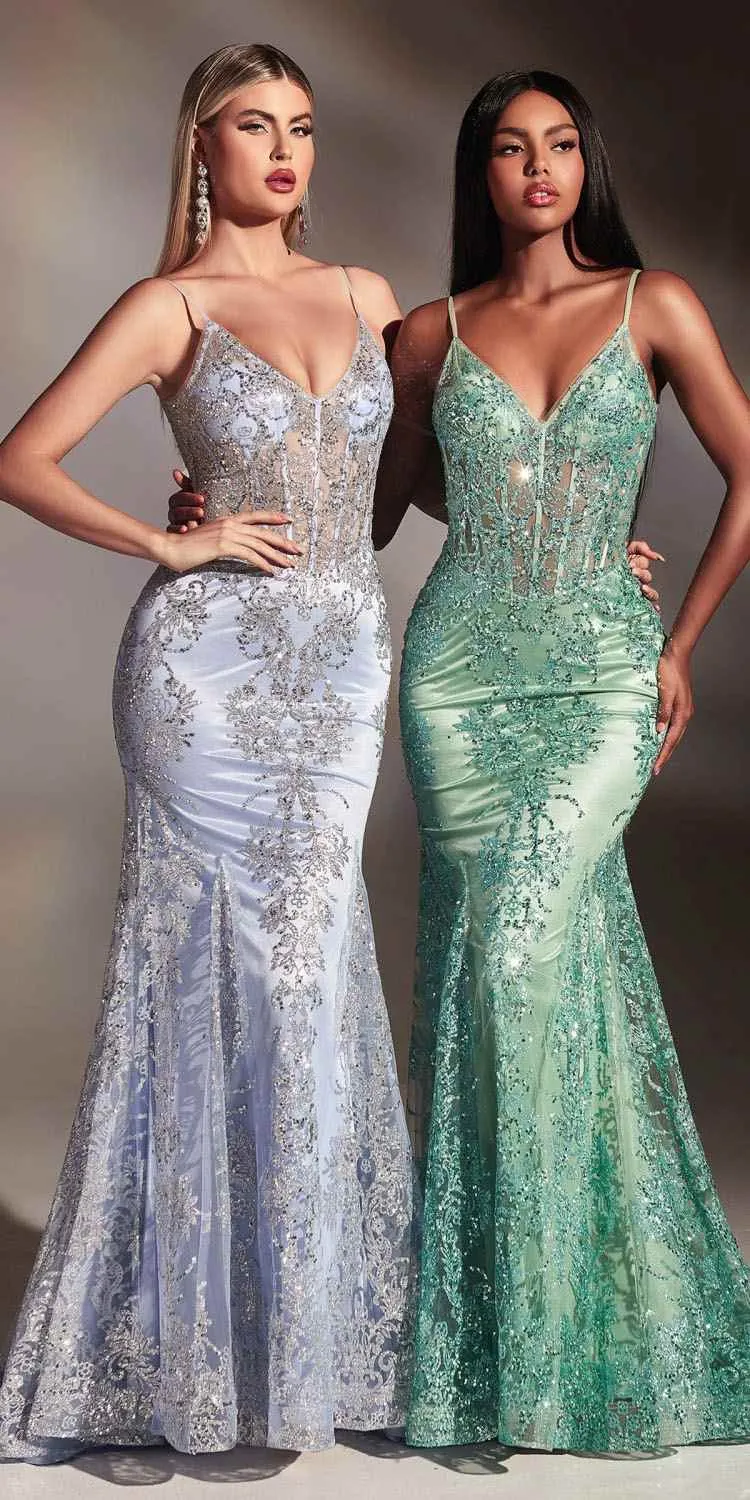 Ladivine J810 Long Fitted Floral Glitter Print Corset Gown