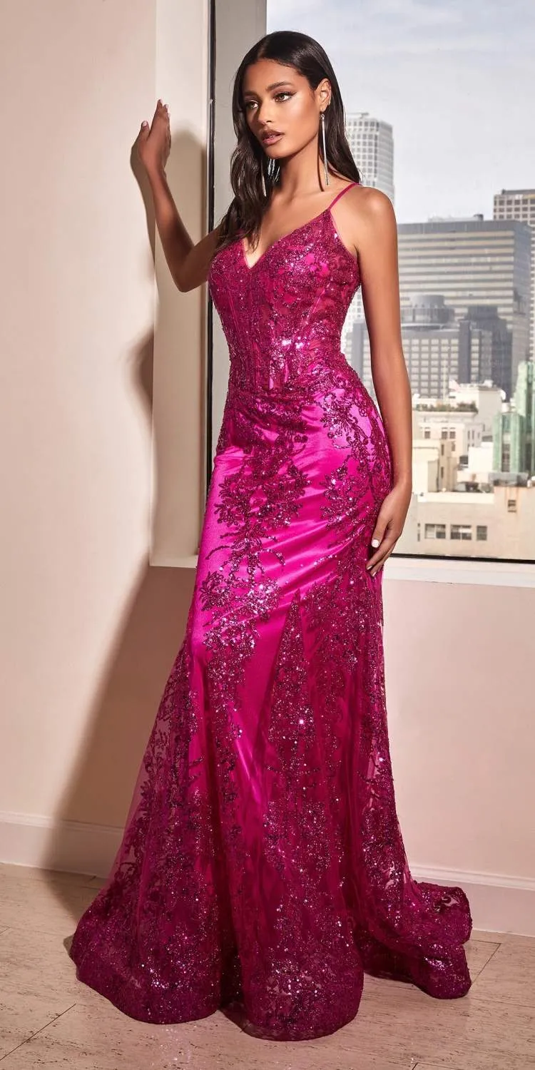 Ladivine J810 Long Fitted Floral Glitter Print Corset Gown
