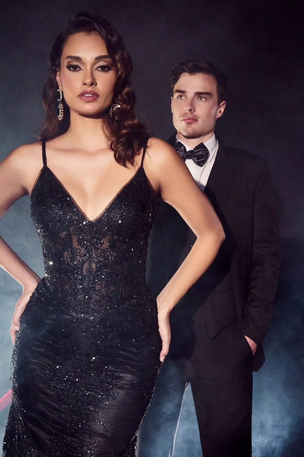 Ladivine J810 Long Fitted Floral Glitter Print Corset Gown