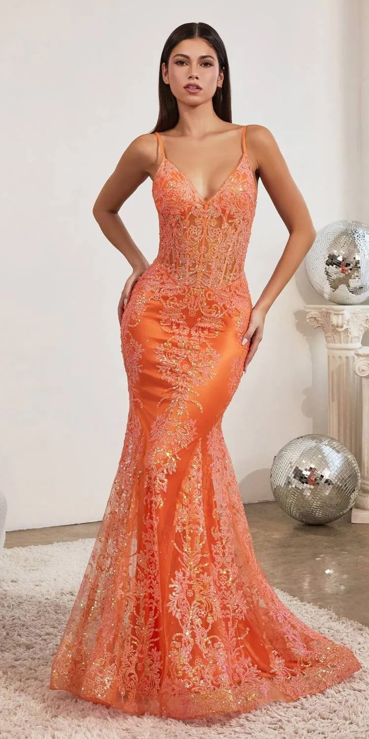 Ladivine J810 Long Fitted Floral Glitter Print Corset Gown