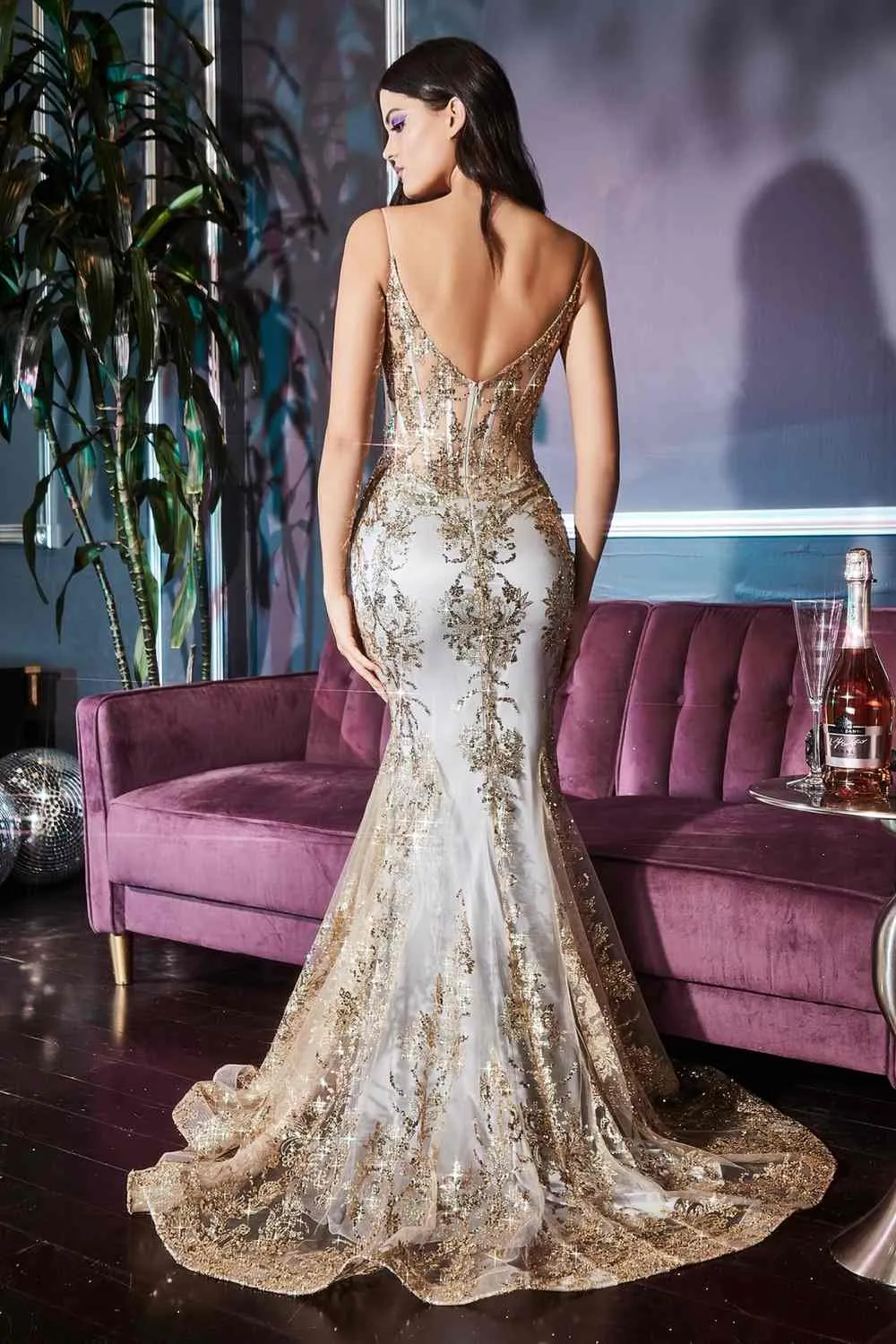 Ladivine J810 Long Fitted Floral Glitter Print Corset Gown