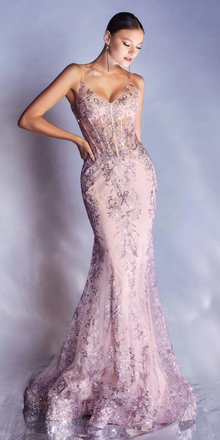 Ladivine J810 Long Fitted Floral Glitter Print Corset Gown