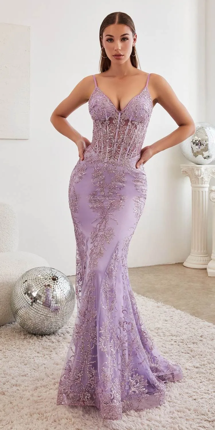 Ladivine J810 Long Fitted Floral Glitter Print Corset Gown