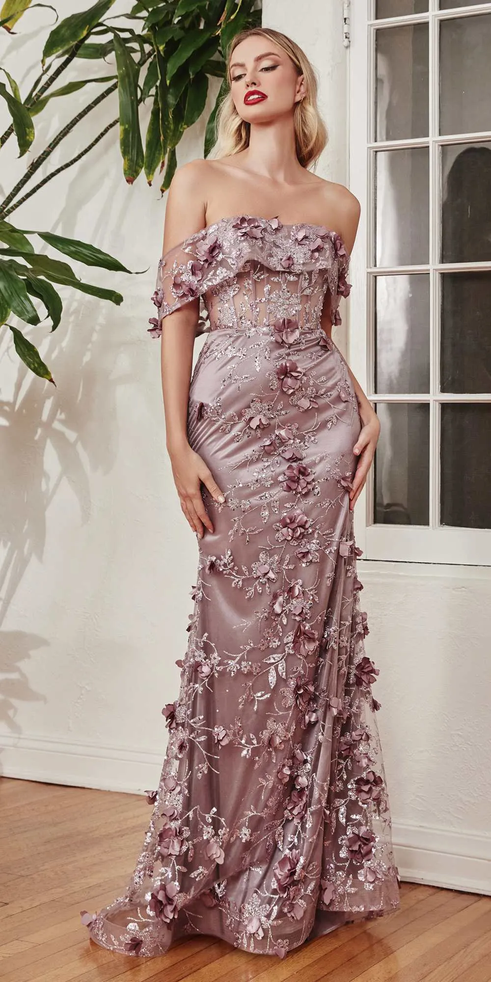 Ladivine J832 Long Floral Print Fitted Off the Shoulder Gown with Slit