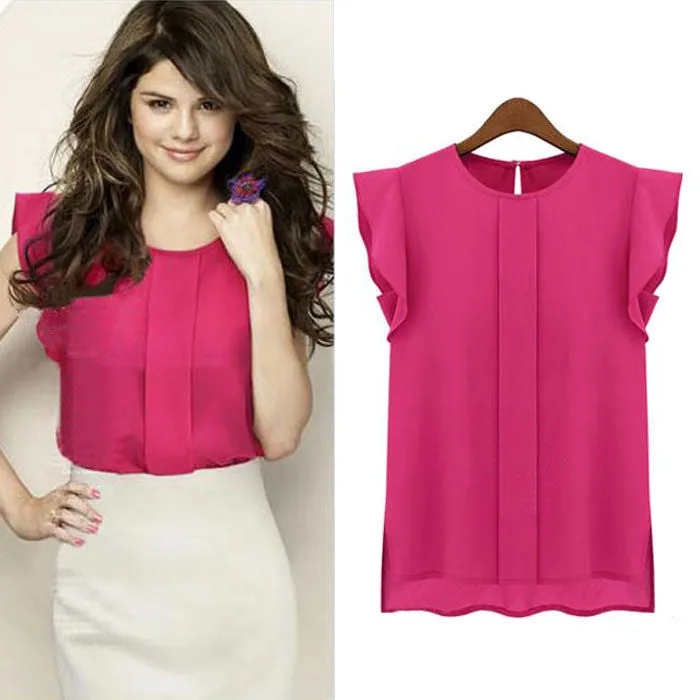 Lady Blouse Shirt Womens Blouses Chiffon Clothing OL Blouse Fashion Ruffle Sleeveless Tops