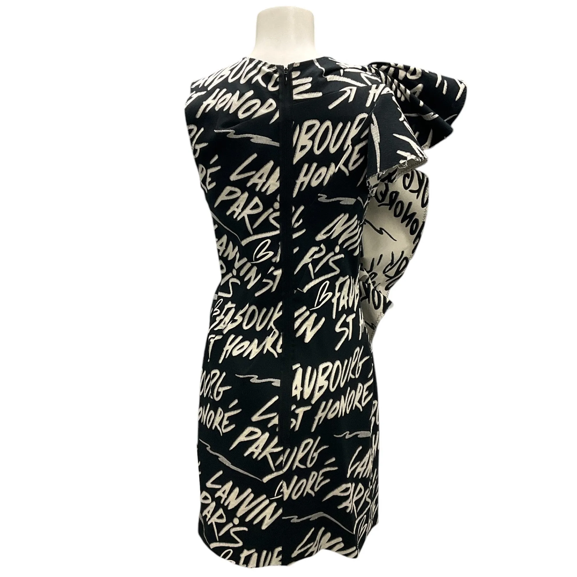 Lanvin Black / Ivory 2016 Ruffled Printed Cocktail Dress