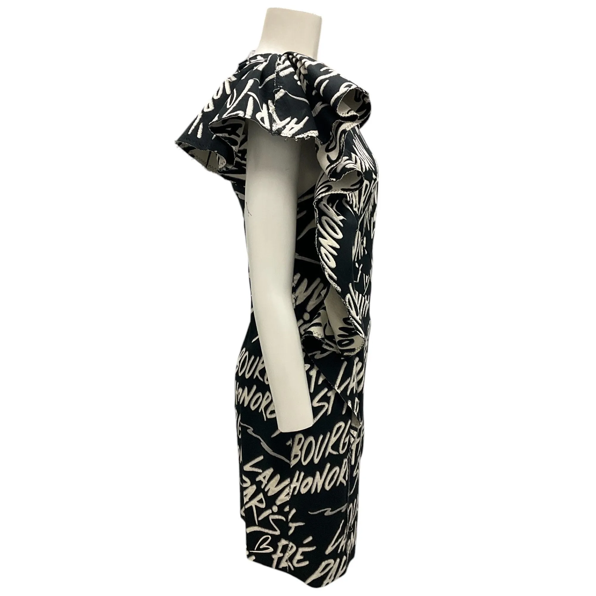 Lanvin Black / Ivory 2016 Ruffled Printed Cocktail Dress