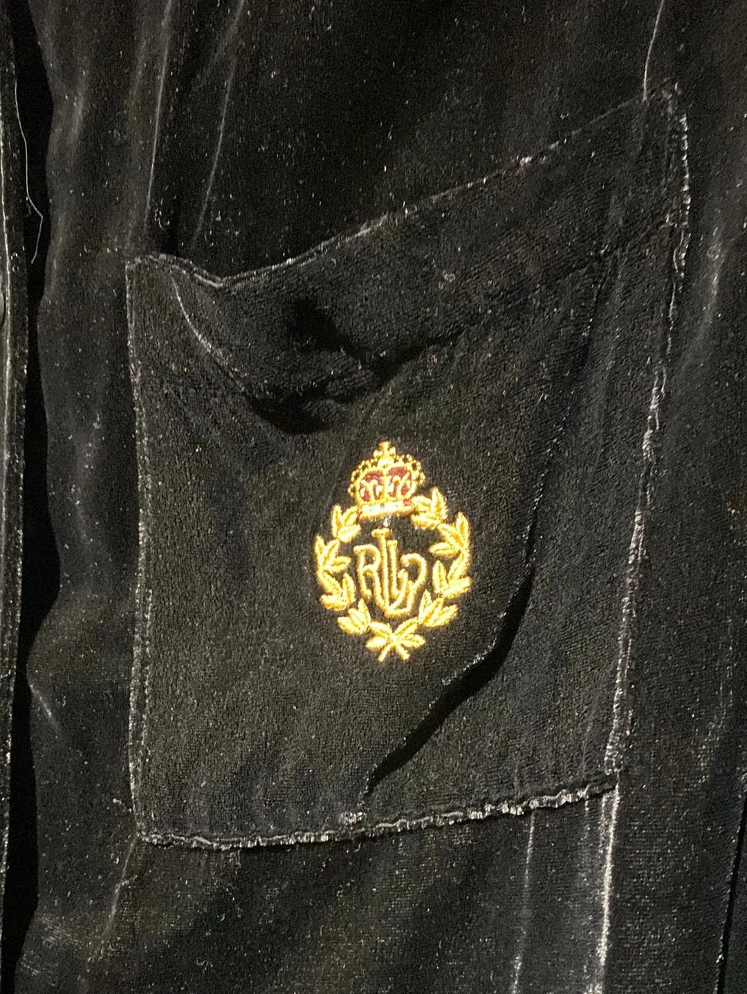 LAUREN Black Velvet Button Down Collared Shirtn with Gold Crest