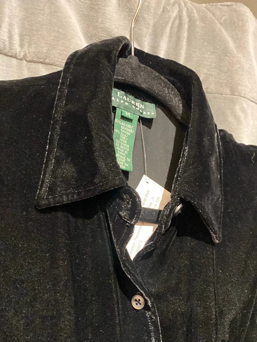LAUREN Black Velvet Button Down Collared Shirtn with Gold Crest