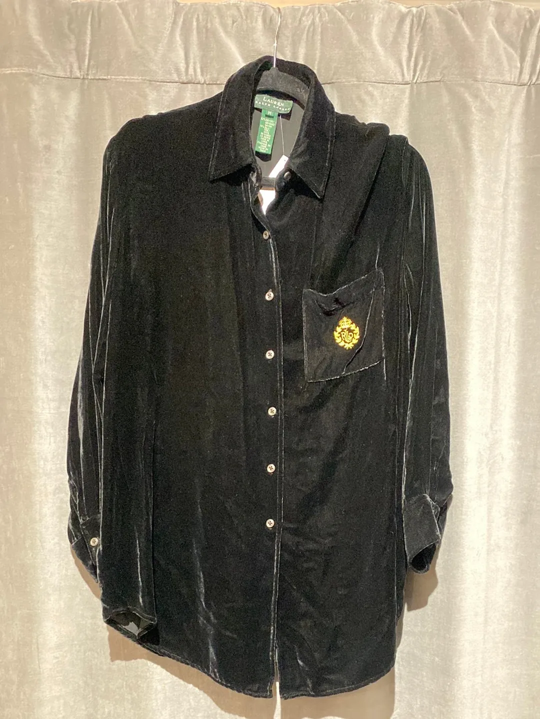 LAUREN Black Velvet Button Down Collared Shirtn with Gold Crest